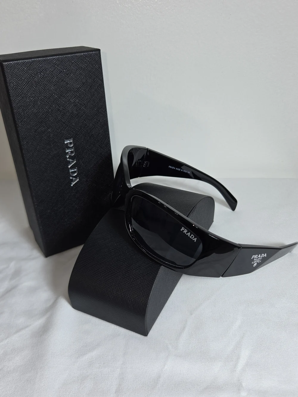 Prada Black Gloss Wrap Sunglasses with Dark Gray Lenses